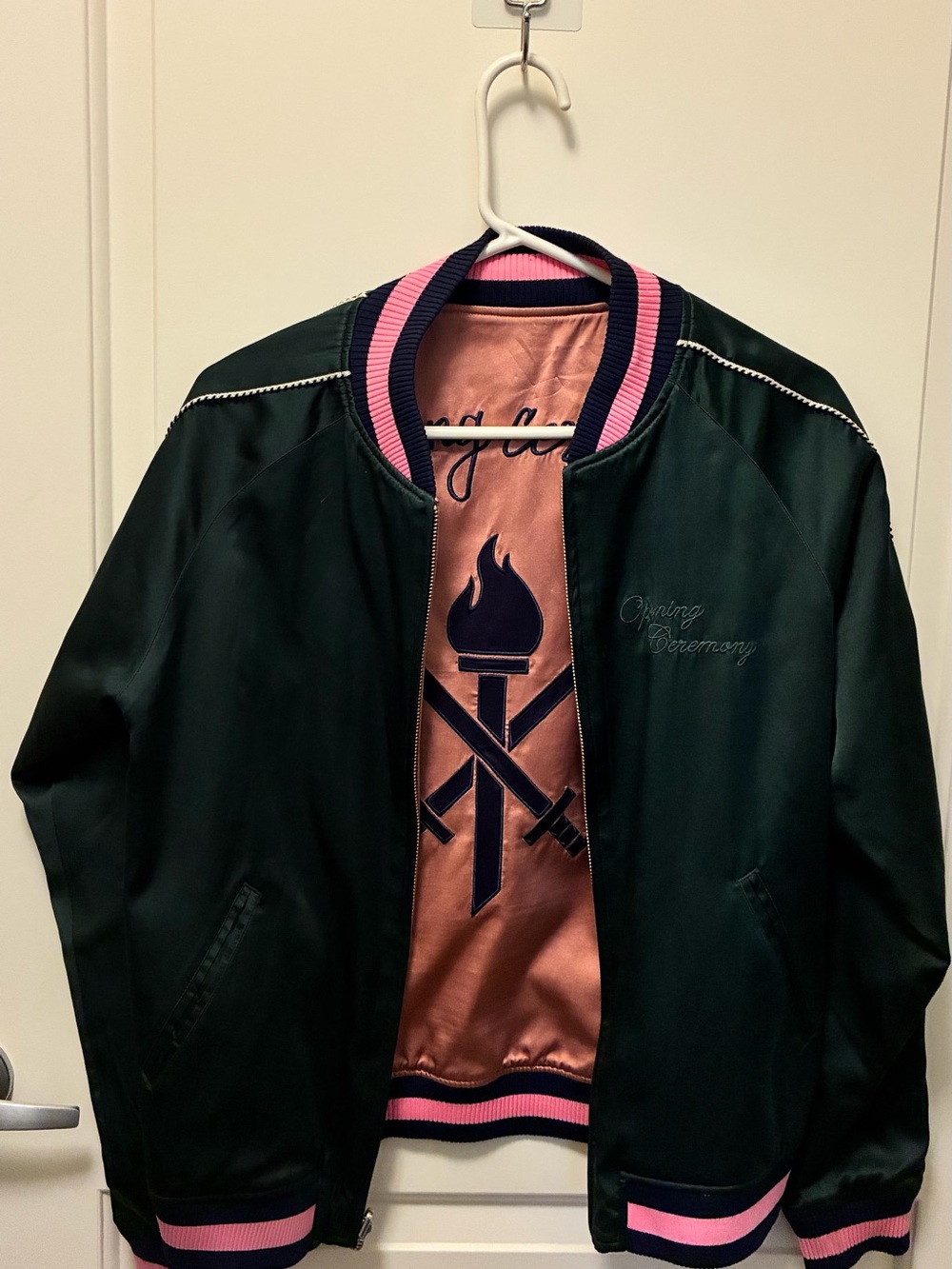 Opening Ceremony Green / Pink Reversible Satin Jacket with Tone-on-Tone Script